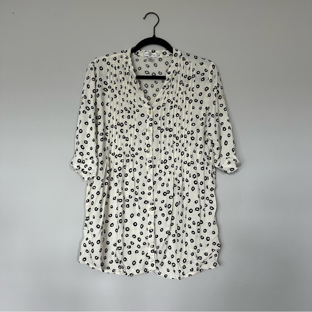 Women’s White & Black Patterned Blouse Size L Dressy Top, Business Casual